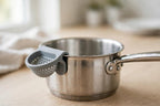 Clip-On Silicone Pot Strainer - Snap-On Pasta and Veggie Drainer - clipped on small saucepan