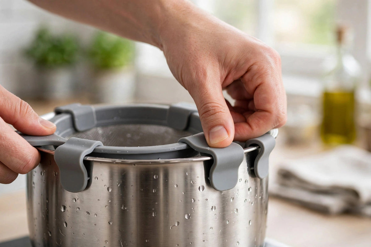 Clip-On Silicone Pot Strainer - Snap-On Pasta and Veggie Drainer - attaching clip to pot rim