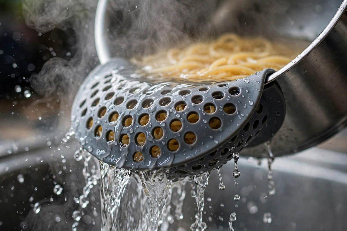 Clip-On Silicone Pot Strainer - Snap-On Pasta and Veggie Drainer - pasta draining close-up