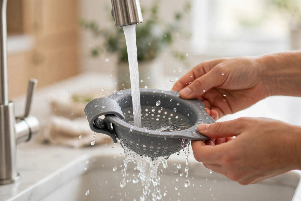Clip-On Silicone Pot Strainer - Snap-On Pasta and Veggie Drainer - rinsing clean under tap
