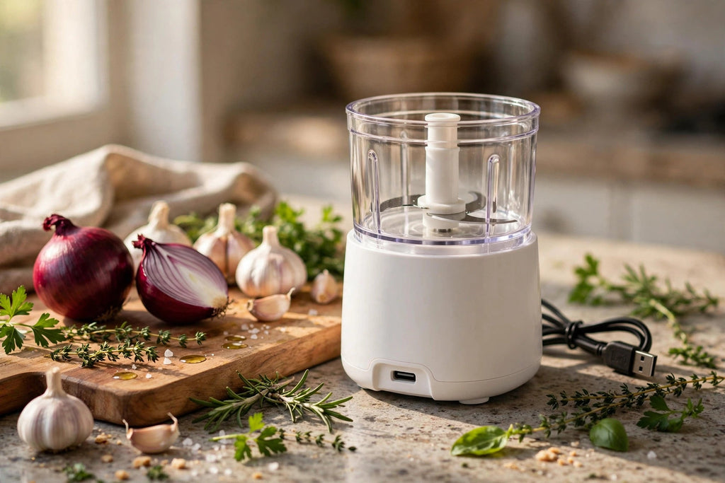 USB Rechargeable Mini Food Chopper - Electric - with fresh ingredients on counter