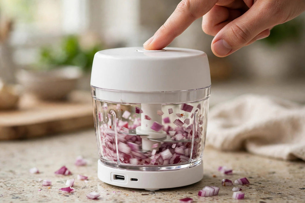 USB Rechargeable Mini Food Chopper - Electric - chopping red onions mid-action