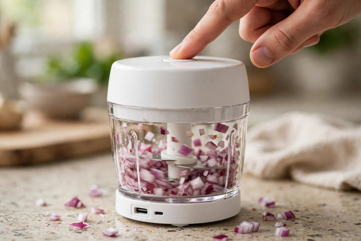 USB Rechargeable Mini Food Chopper - Electric - chopping red onions mid-action