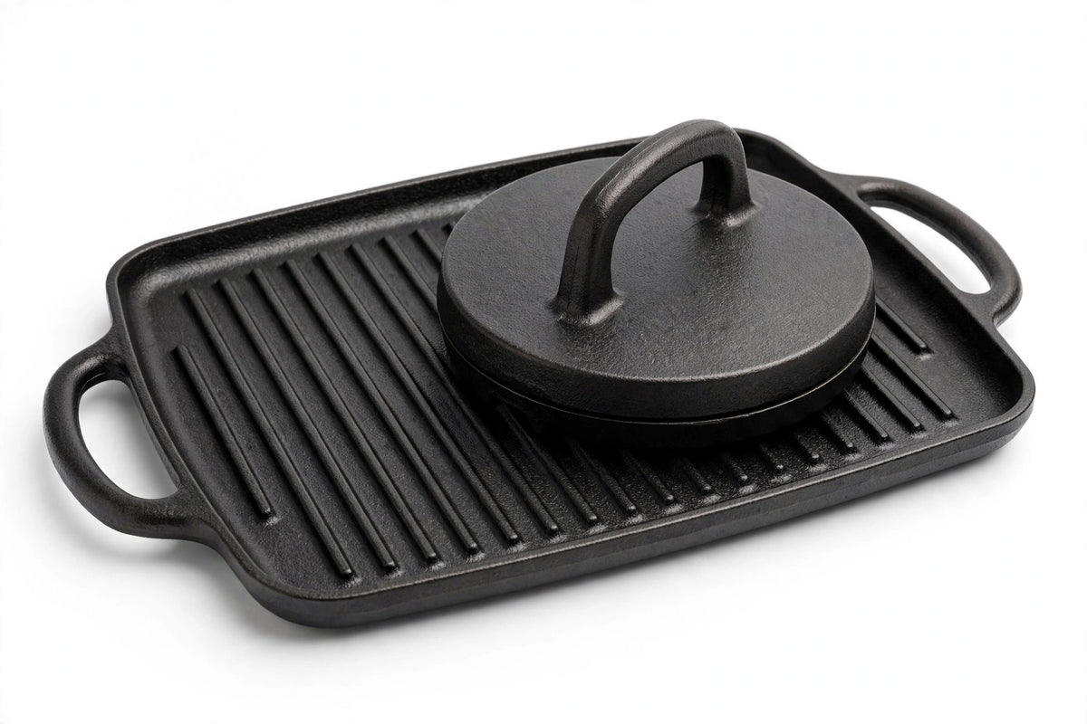 Cast Iron Griddle & Smash Burger Press Set – Professional Searing Plate