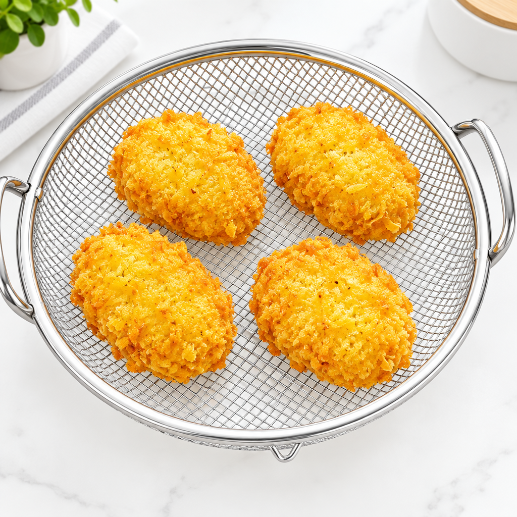 Overhead close-up of crispy food in basket