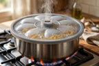 Spill-stopper lid on a pot of boiling pasta, steam venting through the center