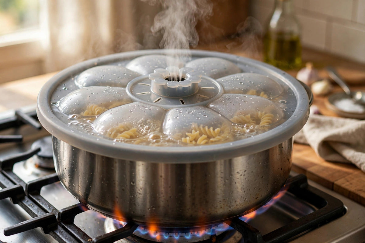 Spill-stopper lid on a pot of boiling pasta, steam venting through the center