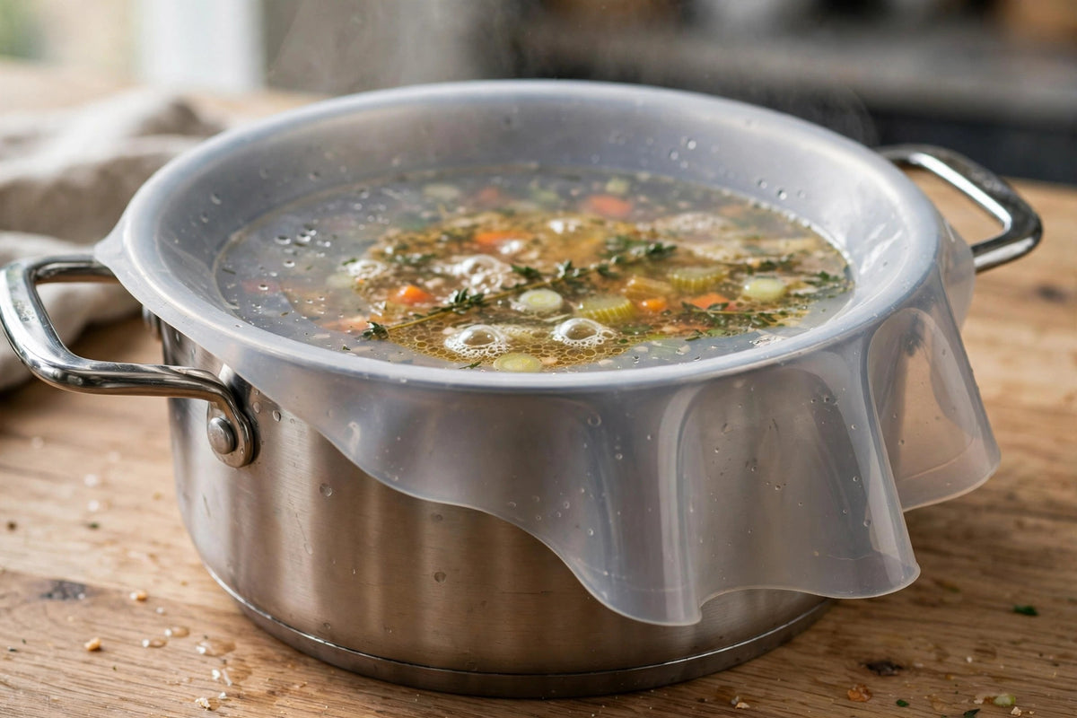 Flexible silicone lid fitted over a saucepan of soup, adapting to the pot rim