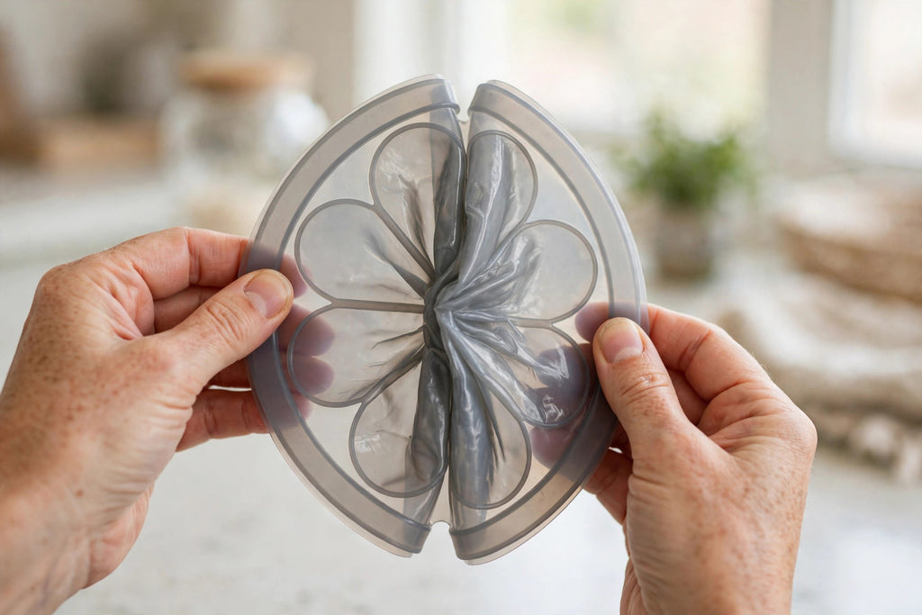 Hands bending the flexible silicone spill-stopper lid in half