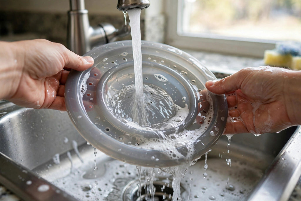 Rinsing the silicone spill-stopper lid under running water in a kitchen sink
