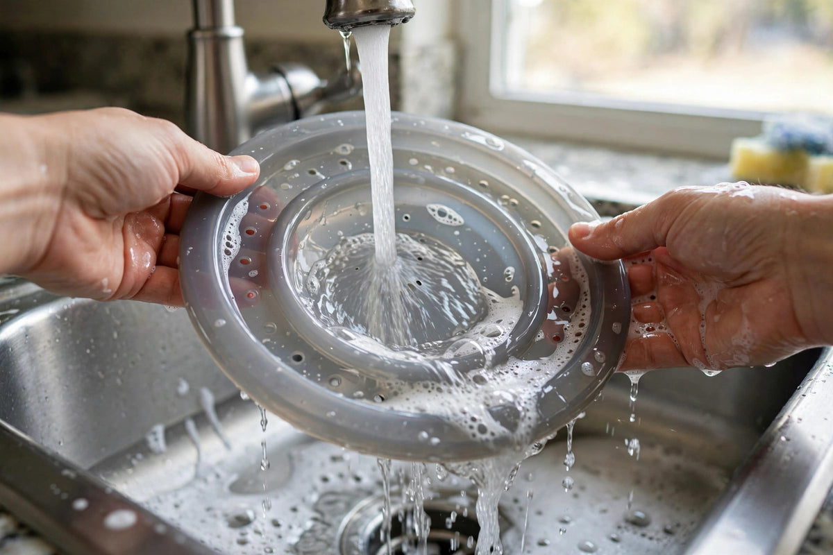Rinsing the silicone spill-stopper lid under running water in a kitchen sink
