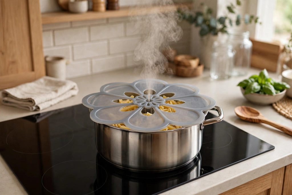 Clean stovetop with pasta pot and spill-stopper lid, no boil-over mess