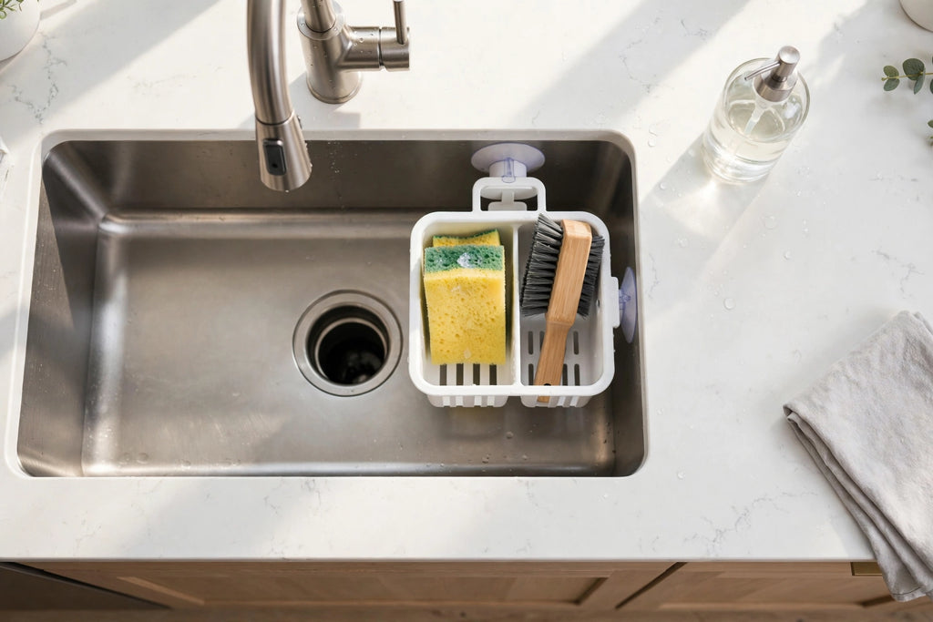 Sink Sponge Holder with Drain Tray – Suction Caddy Organizer