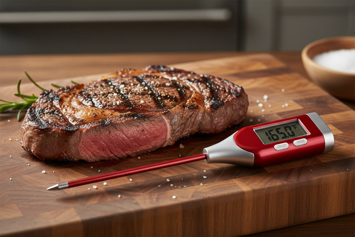 Thermometer on cutting board with steak