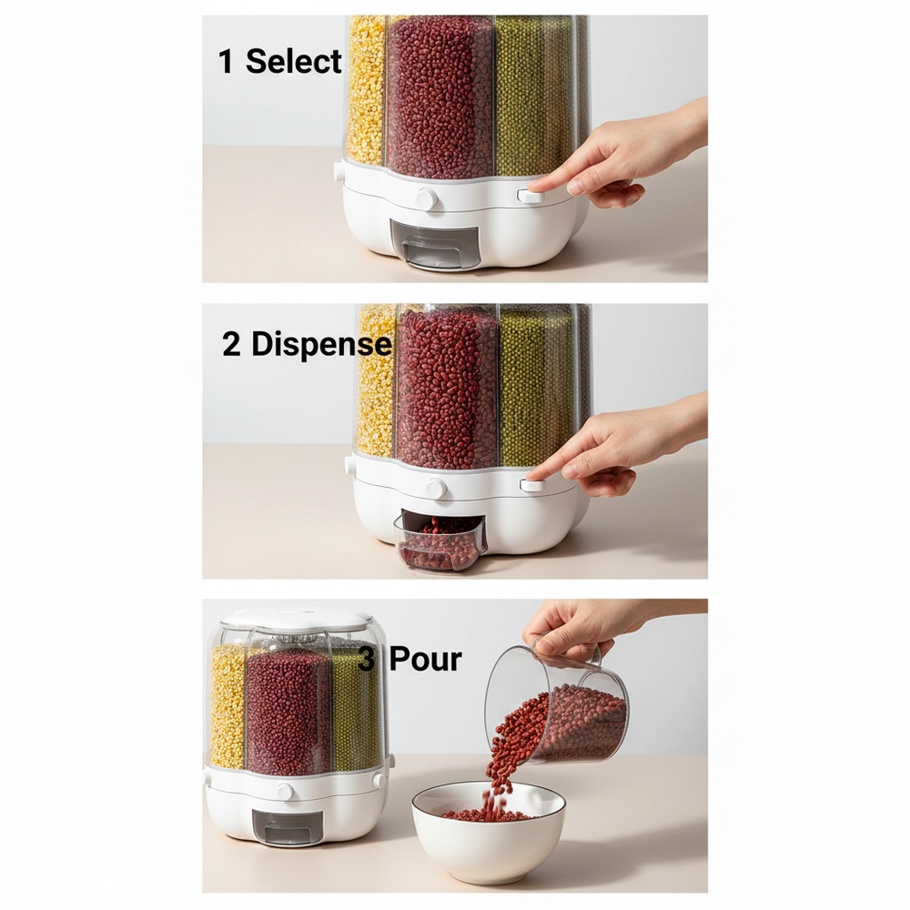 Three-step grain dispenser infographic