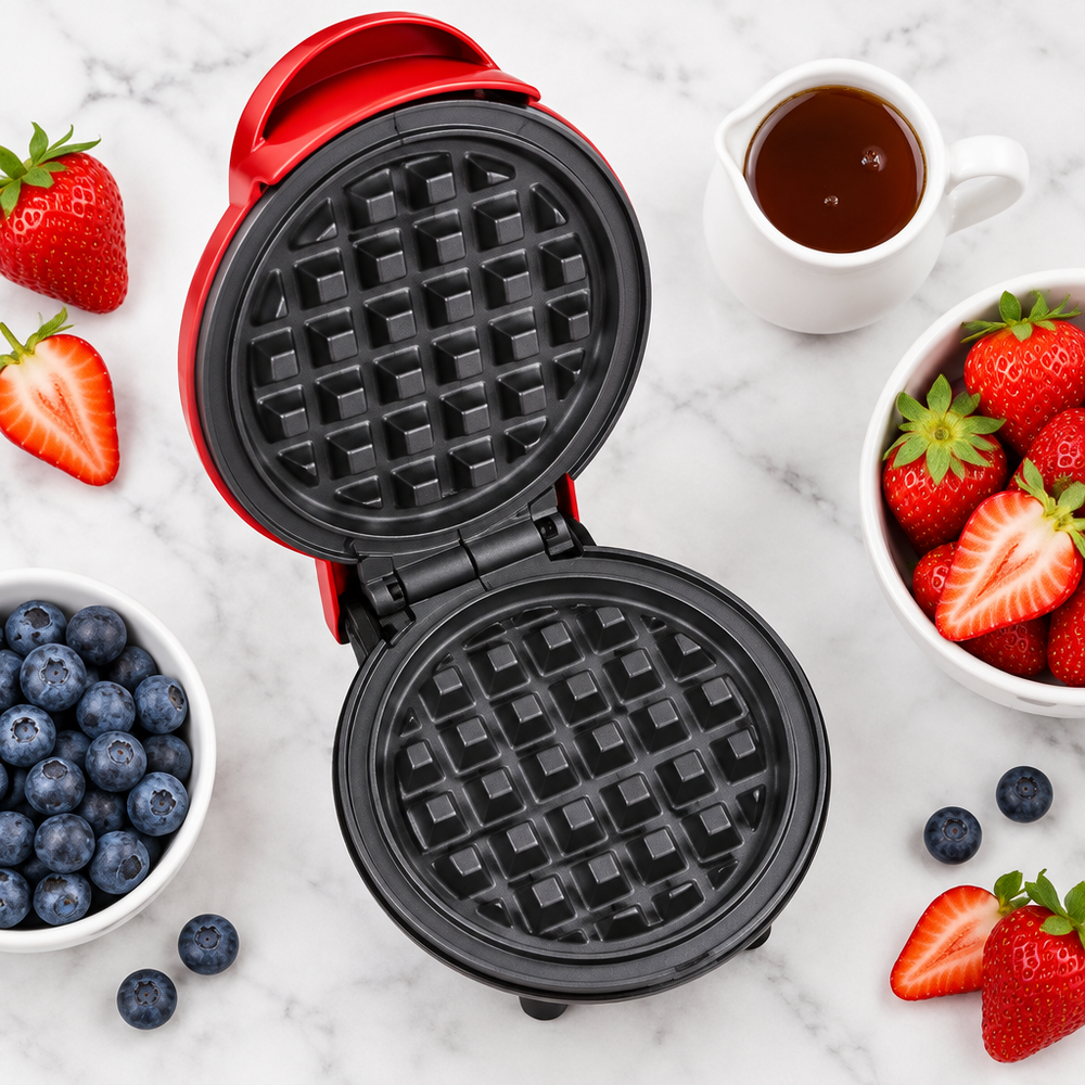 Top-down flat lay of waffle maker with berries