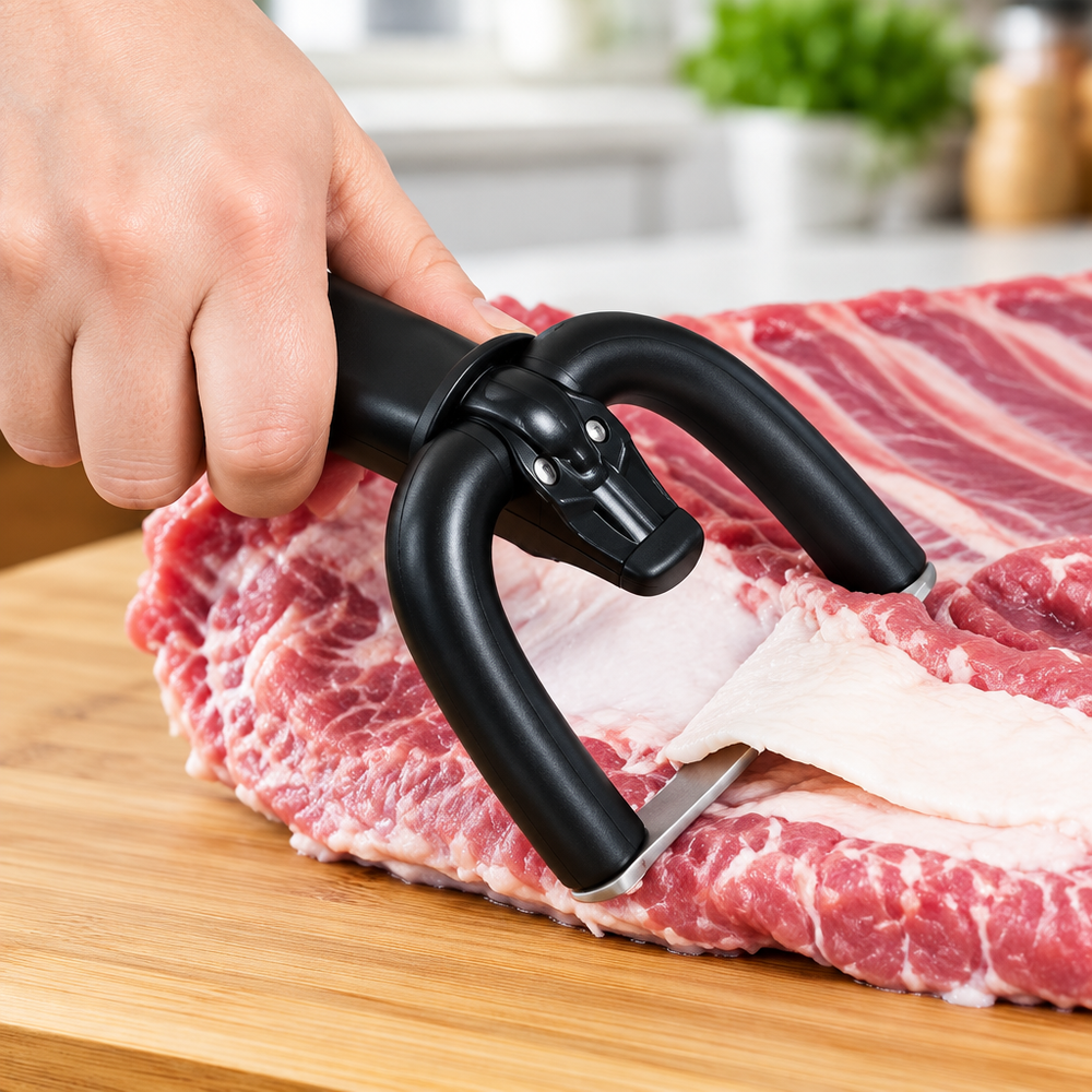Trimming a pork rib slab on a cutting board